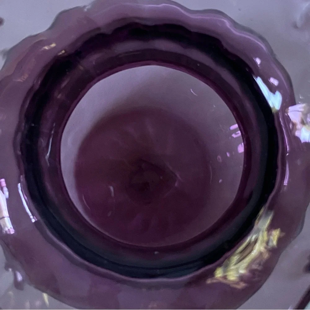 Purple Amethyst Glass Vase Hand Blown Ruffled Top Round Ribbed Bottom Vintage